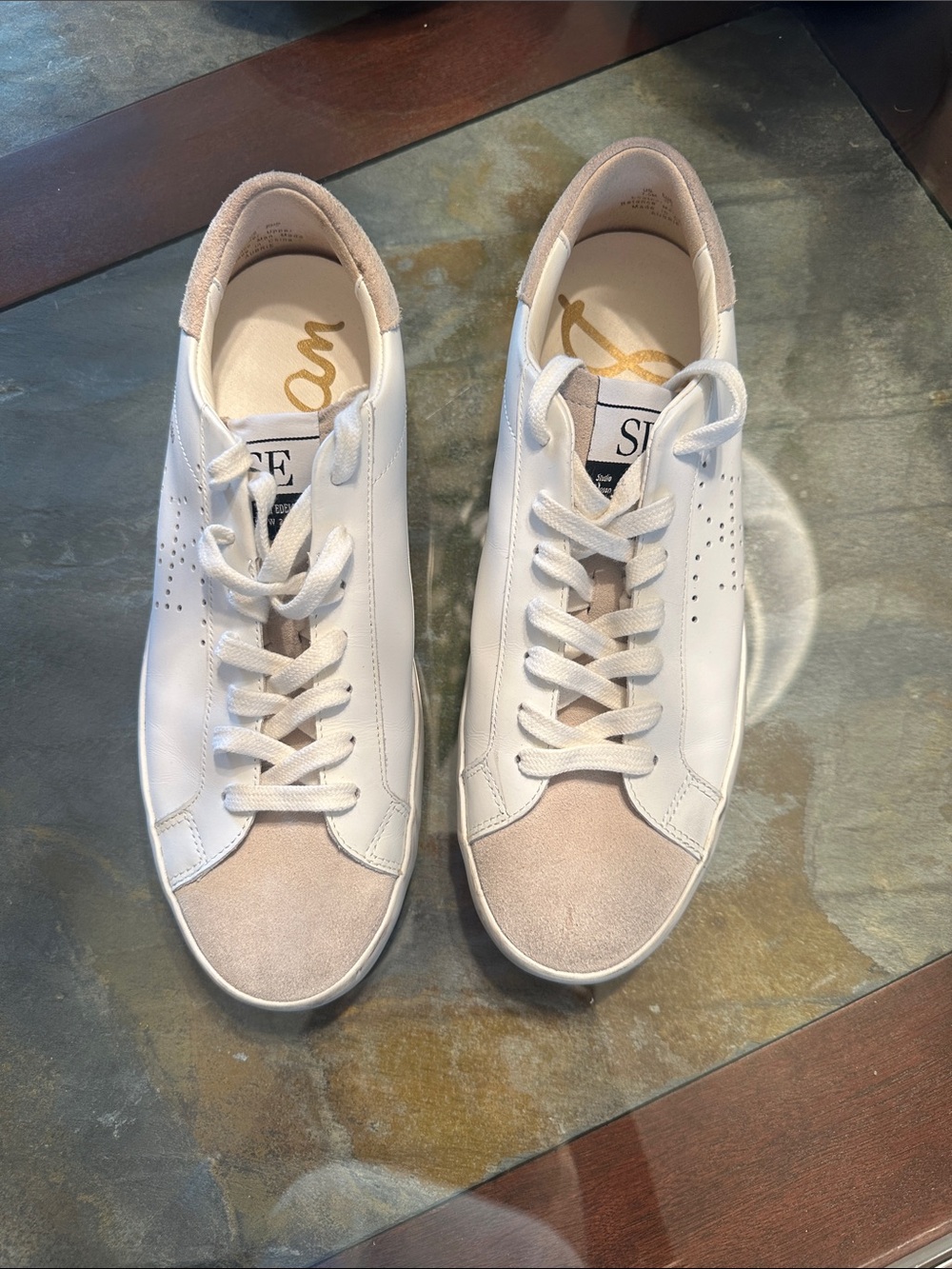 Sam Edelman White and Beige Leather Low-Top Sneakers